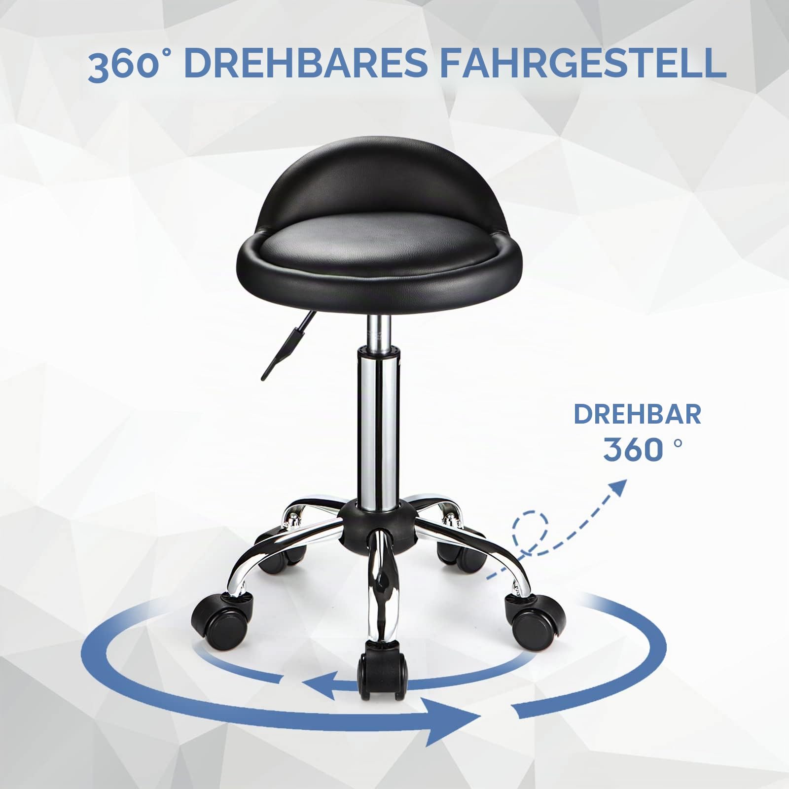 Drehstuhl Rollhocker mit Rollen höhenverstellbar Hocker Zeichenstuhl mit niedriger Rückenlehne Schwarz