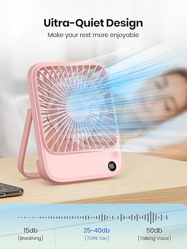 Miniatura 6 de TOPK Paquete de 2 ventiladores de escritorio portátiles de 5000 mAh, pantalla digital ultrafina de viento fuerte, 4 velocidades, ajustable, pequeño,