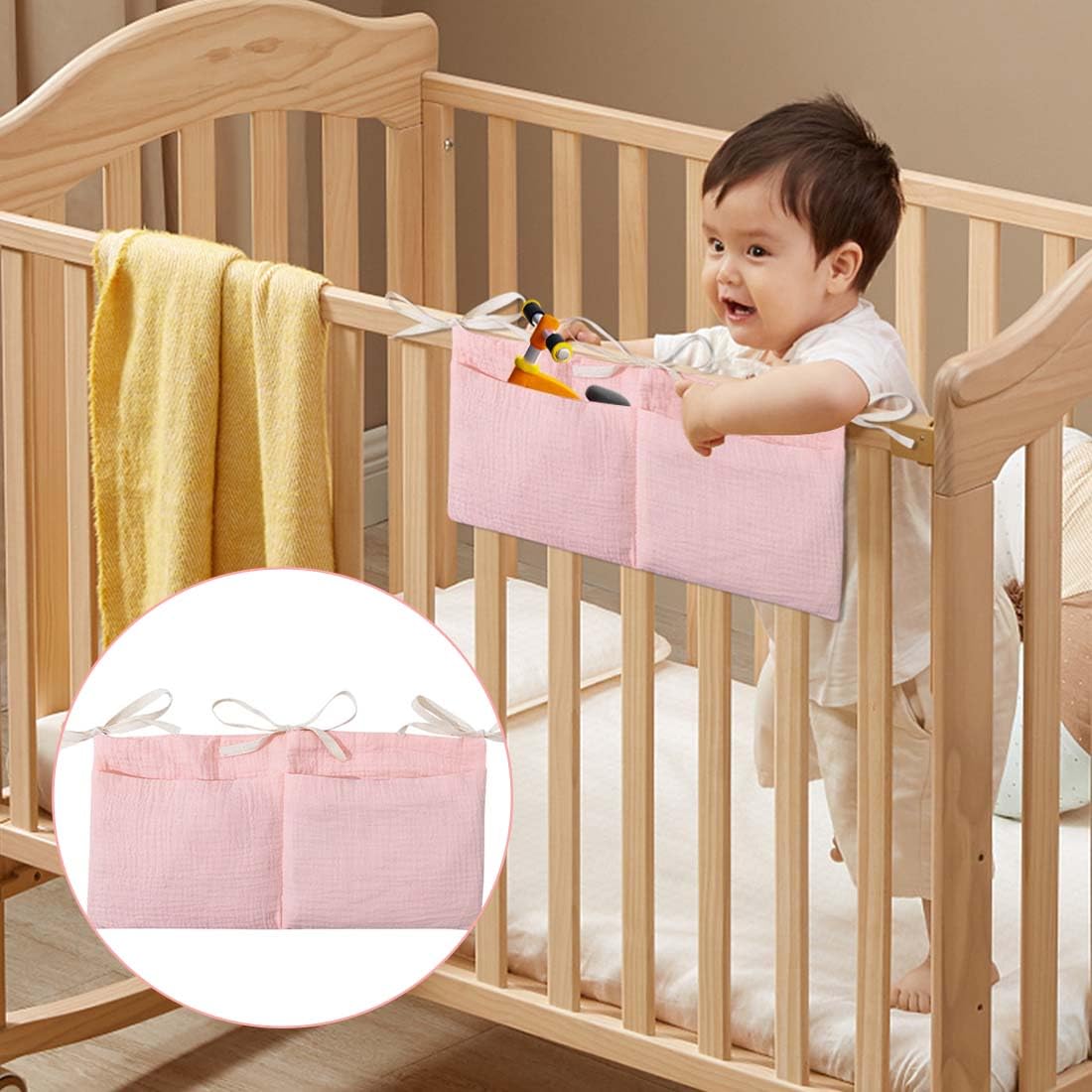 KYLOS Organisateur de lit de bébé avec 2 poches, sac de rangement rose pour chambre de bébé et de tout-petit, organisateur à langer, organisateur de chambre d'enfant, sacs de rangement pour lits