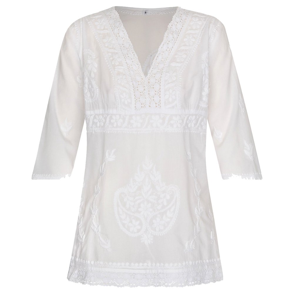 Kurti - Camicia a tunica sciancrata in puro cotone bianco ricamato a mano