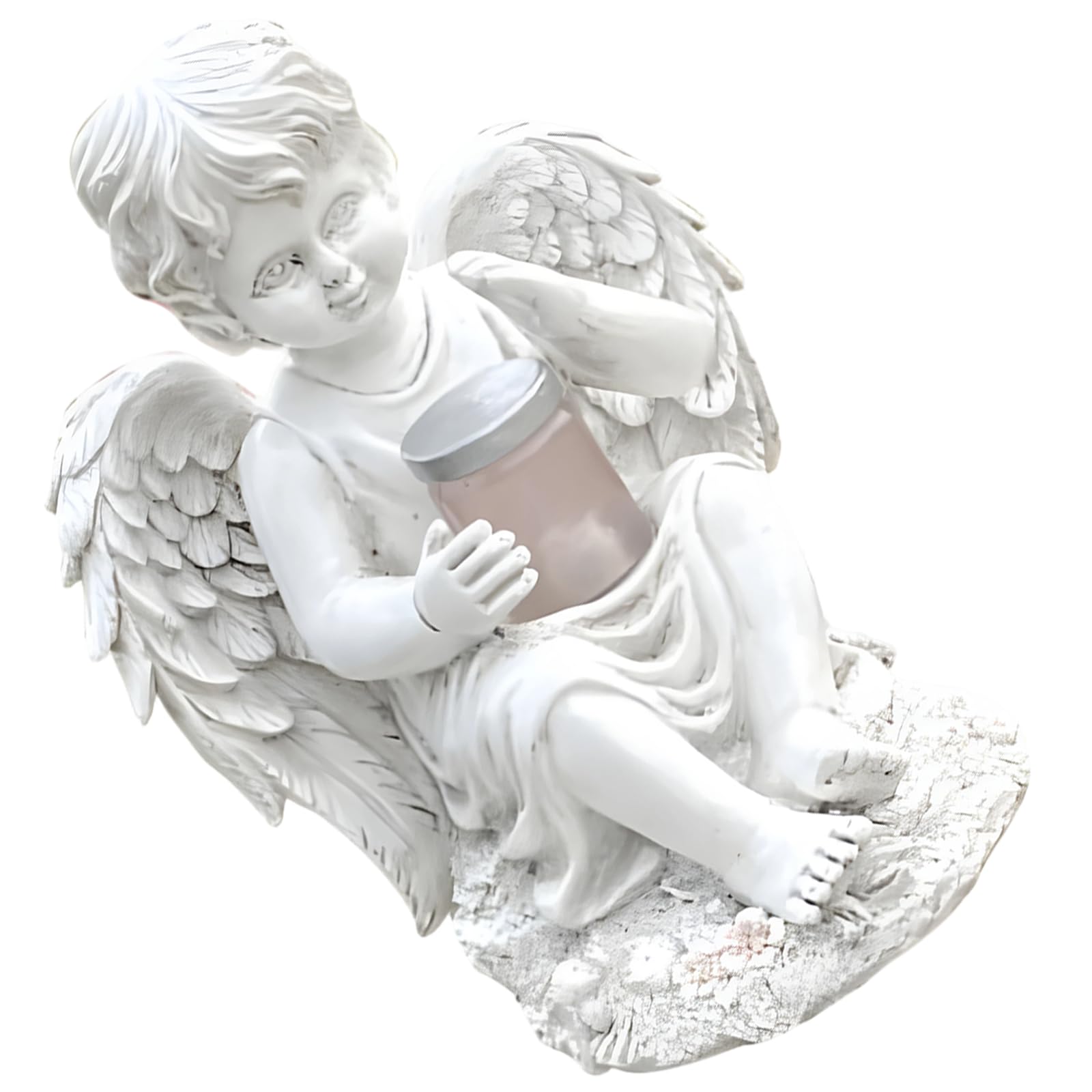 Statua di angelo da giardino in resina, lanterna ad energia solare, 14 x 15 x 20 cm, decorazione da cortile esterna resistente alle intemperie, posa seduta, micro statuetta di paesaggio