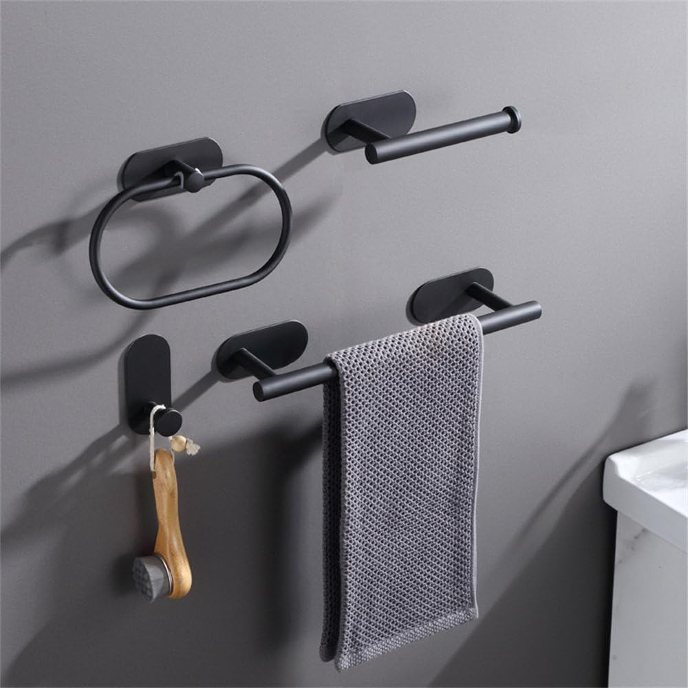 Juego de 4 Piezas sin Perforaciones de toallero, aro para Toalla, Barra para Toalla de baño, Colgante para baño, Gancho para Abrigo, Soporte para Papel, Juego de 4 Piezas, Negro, 4 Piezas