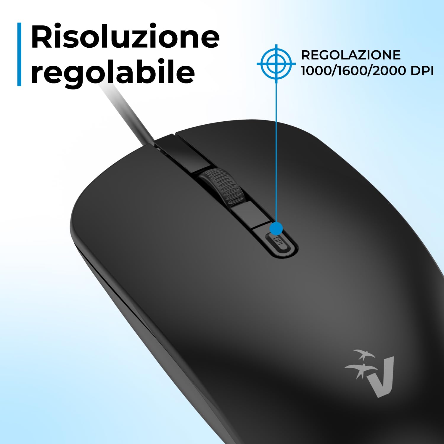 VulTech MOU-10 Mouse con filo USB Silenzioso, Switch DPI regolabile 1000-2000, 4 Pulsanti + Rotella Scroll, Ergonomico, Ultraleggero, Plug and Play per Windows, Mac OS X e Linux
