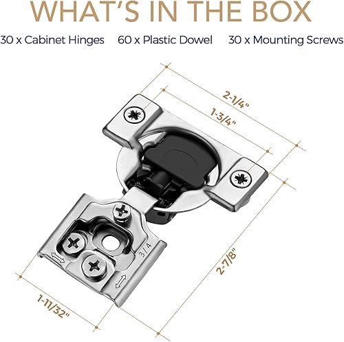 Vista 44 de Ravinte - Juego de 30 bisagras superpuestas, 15 pares de bisagras de cierre suave de 1.3 pulgadas para armario de cocina, bisagras ocultas de acero