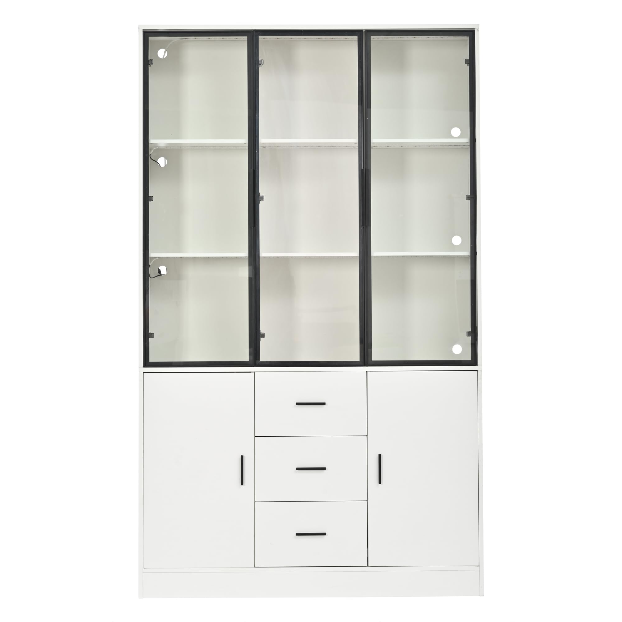 Vetrina con anta in vetro e 3 cassetti, vetrina da collezione con maniglia, libreria, armadietto per soggiorno, bianco, 120 x 30 x 200 cm