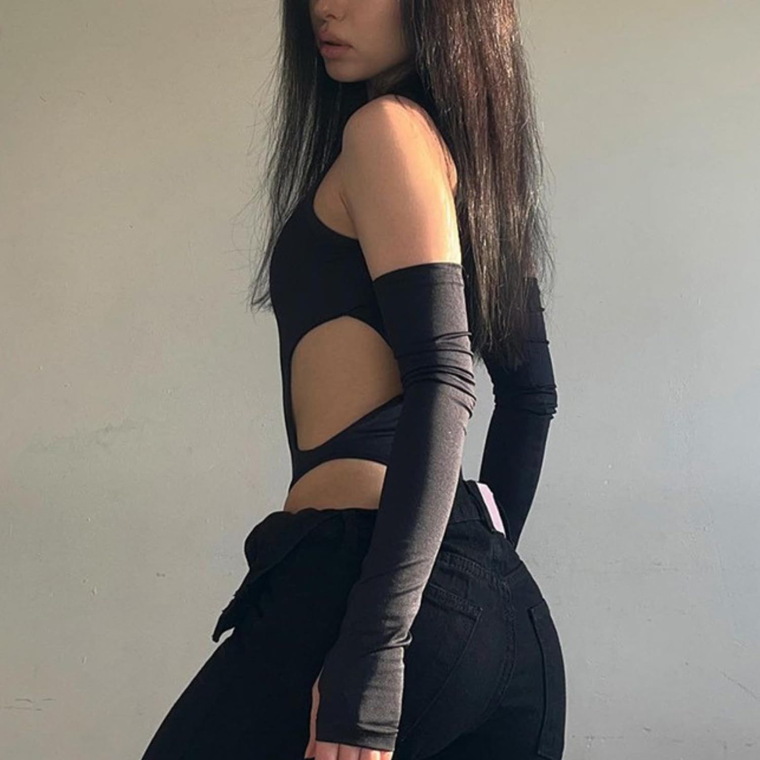 Sexy Hollow Out Body für Damen mit Abnehmbaren Langen Ärmeln Schwarz Hohl Teddy Dessous Gothic Bodysuit Y2k Frauen Cutout Jumpsuit Rave Outfit Party Clubwear Streetwear