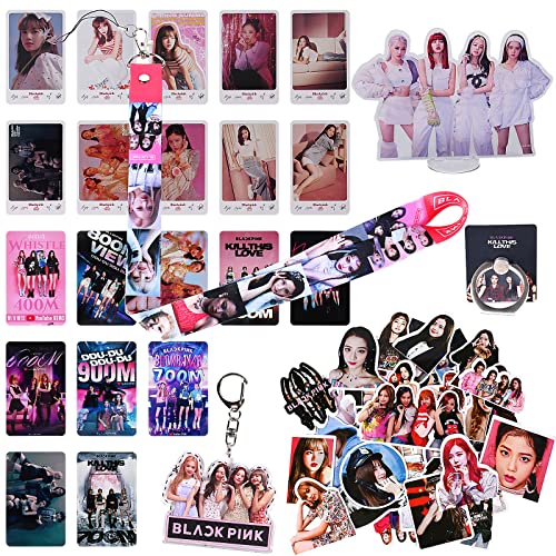 Ensemble cadeaux Blackpink - 10 cartes Lomo Blackpink/ 1 Porte-clés / 52 Autocollants / 10 Autocollant de carte de cristal / 1 Personnage Acrylique / 1 Porte-Bague / 1 lanière Cover