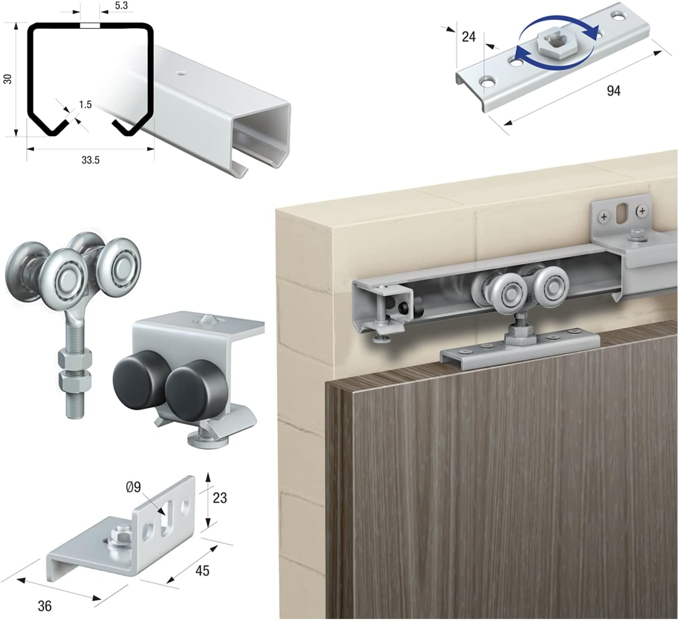 Runners Series 20 Industrial Sliding Door Track System 90kg (3mtr Double Door Kit)