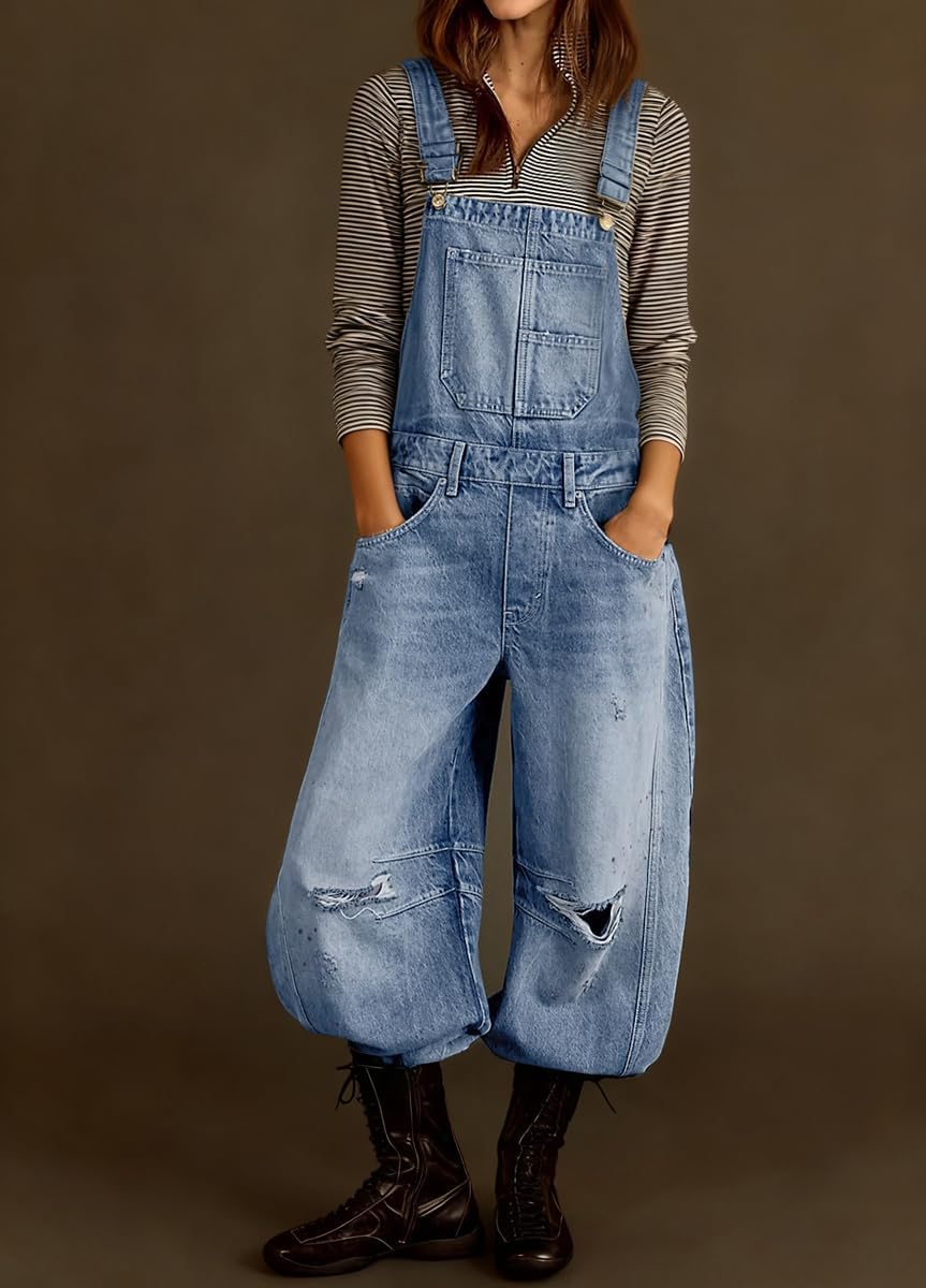CHOUYATOU Women's 2026 Baggy Adjustable Strap Denim Bib Overall Distressed Wide Leg Barrel Jeans Overall Jumpsuits