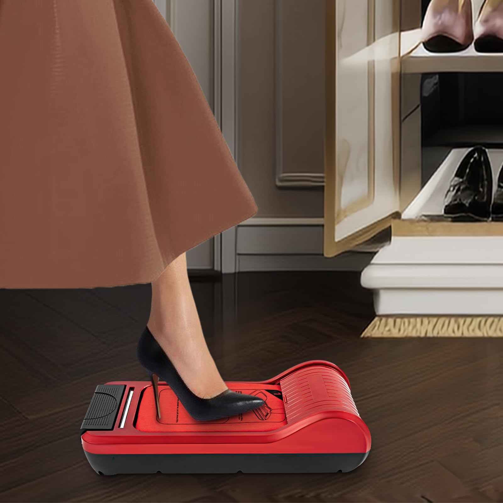 Shoe Film Machine, Shoe Film Dispenser Machine Shoe Cover Dispenser Portable Disposable Overshoes Dispenser Machine For Home, Office Using (Red+1 Roll of Shoe Film)