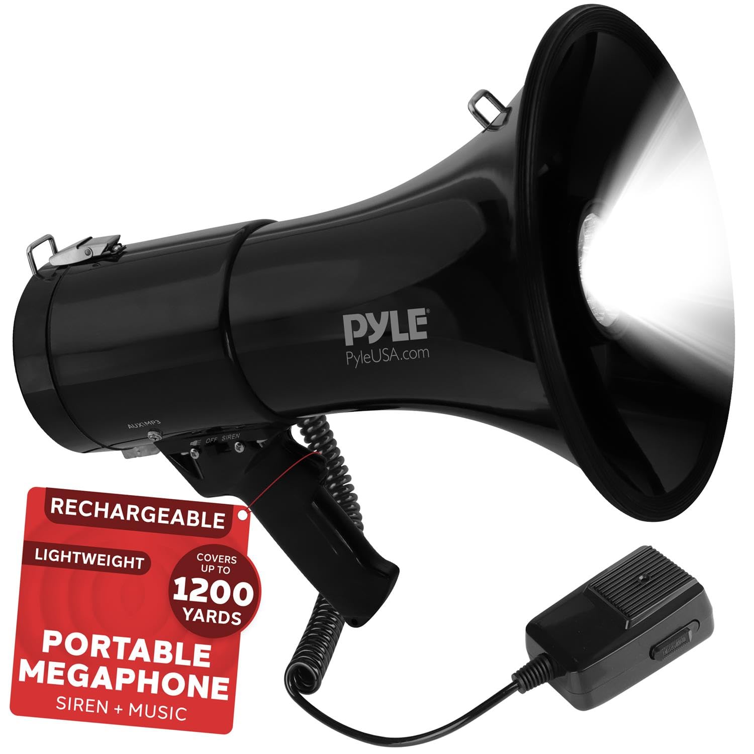 Pyle Portable Compact PA Megaphone Speaker with Alarm Siren & Adjustable Volume - 50W Handheld Lightweight Bullhorn - with Mic, AUX IN for MP3 & Rechargeable Battery - Indoor Outdoor Use - PMP561LTB