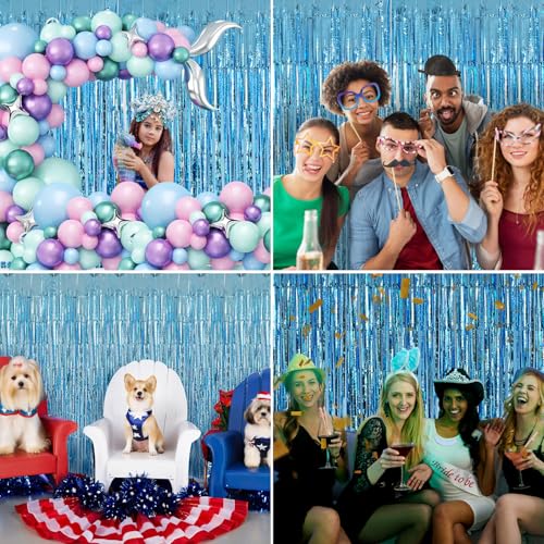 Image of Blue Streamers Party Decorations 3.3x8.2ft 2 Pack Light Blue Tinsel Foil Fringe Curtain Backdrop Ocean Themed Party Decor Photo Booth Props for Birthday Baby Shower Bachelorette Door Hanging Wedding