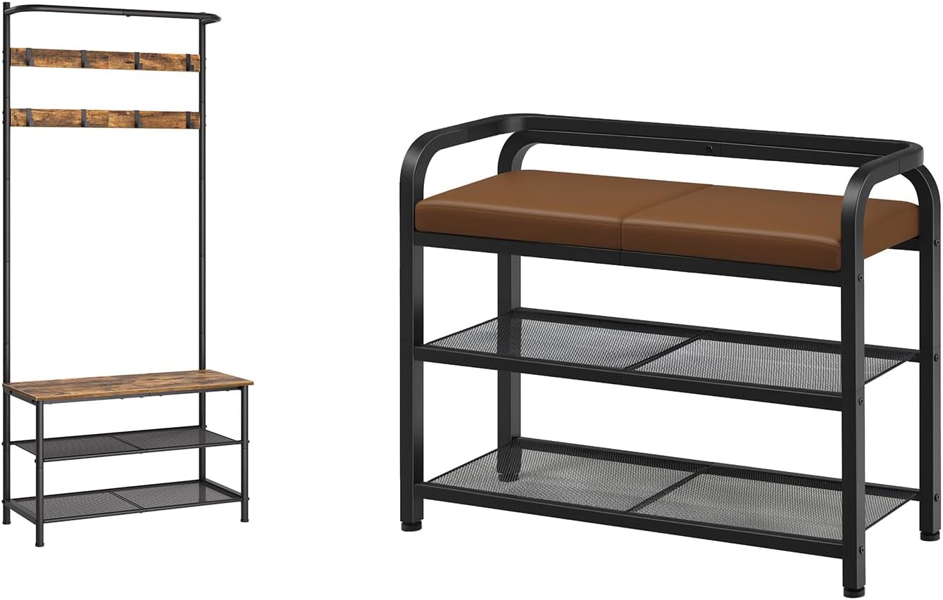 Hall Tree, Coat Rack with Shoe Bench, Shoe Bench with Backrest, 2-Tier Shoe Rack with PU Padded Seat, MT02BR-HX04BV