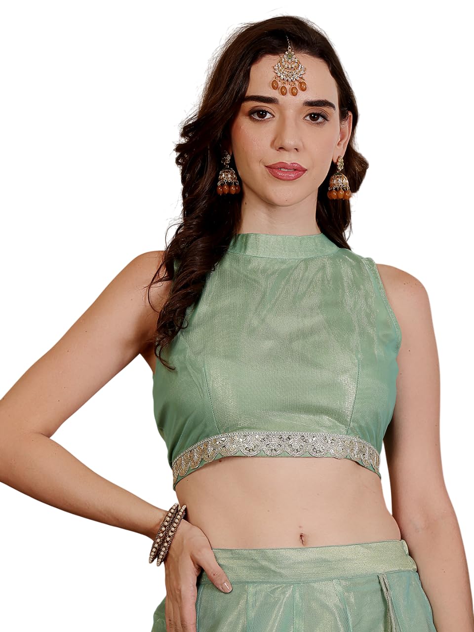 Frolic Rolic Solid Sea Green Organza Mandarin Collar Lace Detail Sleeveless Blouse-image-7