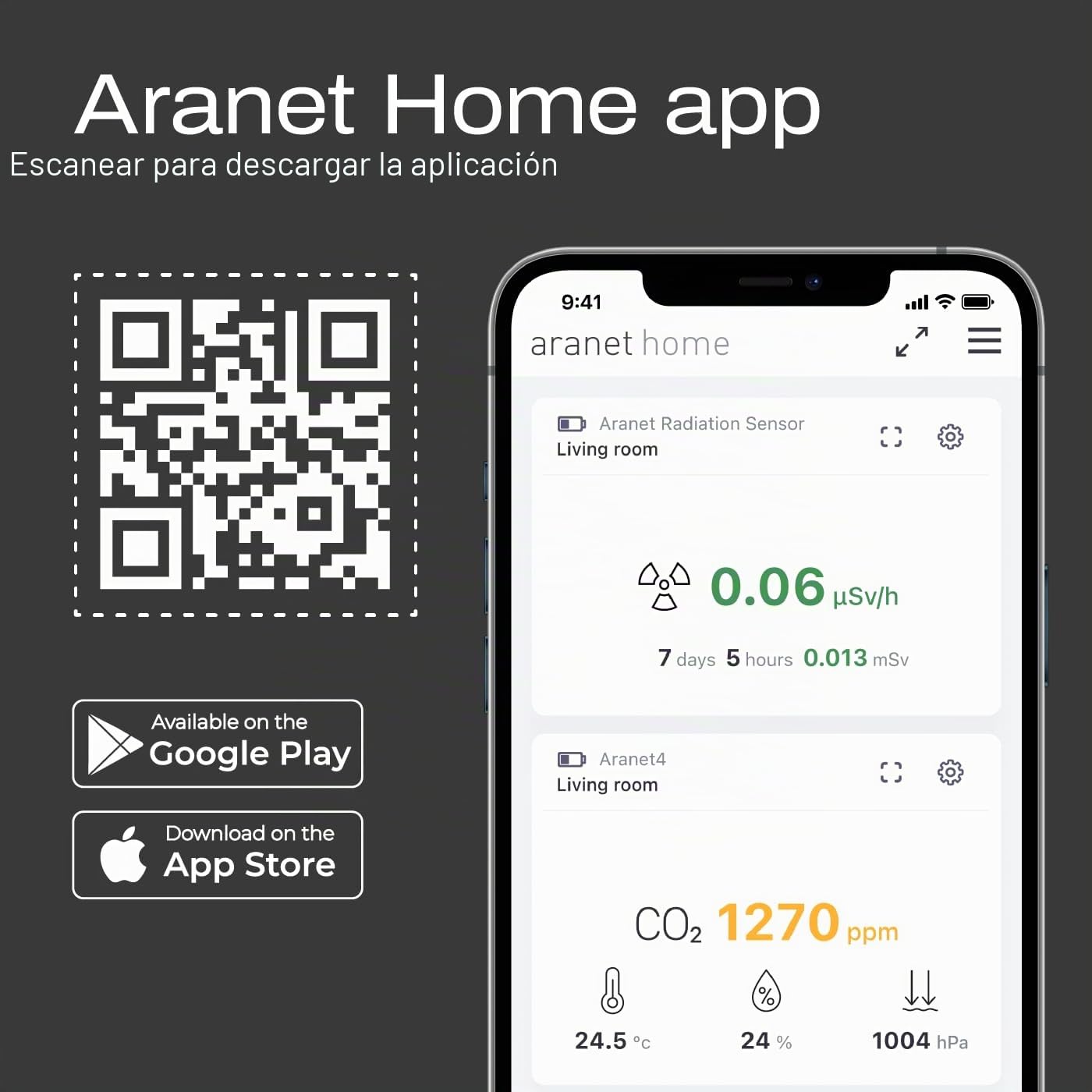 SAF Aranet Detector de radiación, dosímetro, portátil, mide la tasa de dosis y la dosis total de radiación ionizante, visualización de tinta electrónica, duración de batería de 4 años, conexión