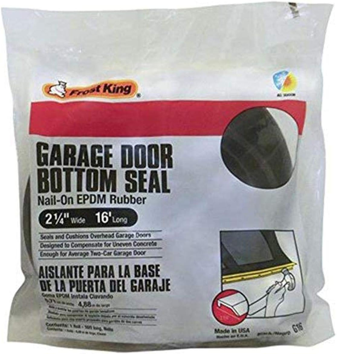 G16H Nail-On Rubber Garage Door Bottom Seal, 2-1/4-Inch by 16-Foot, Black