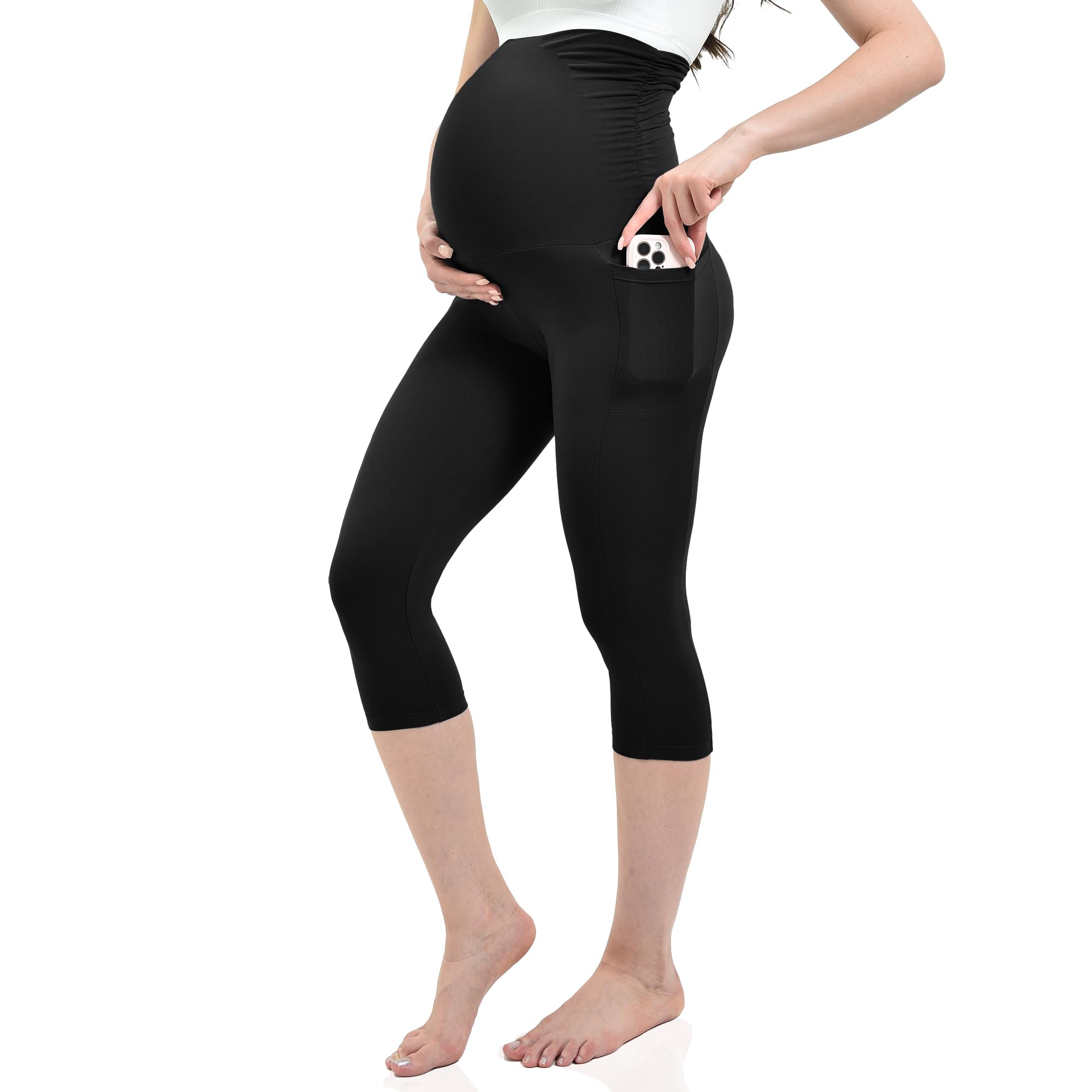 Maternity Capris Leggings with Pockets Over The Belly, Yoga Workout Pants for Pregnancy & Postpartum-image-0