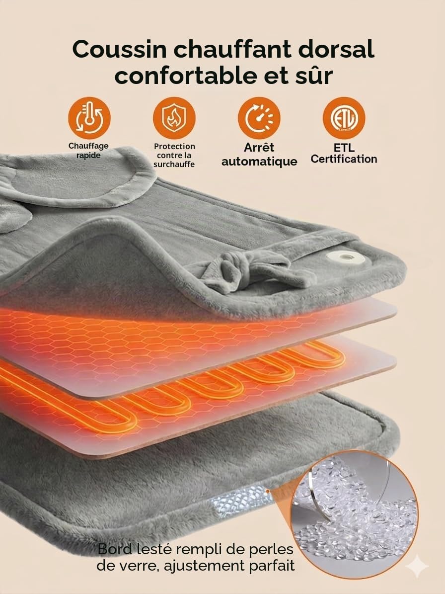 Coussin chauffant pour soulager les maux de dos, 24" x 33", coussin chauffant pour le cou et les épaules, chauffage rapide avec 6 réglages, arrêt automatique, cadeau pour femme - lavable (Moyen)