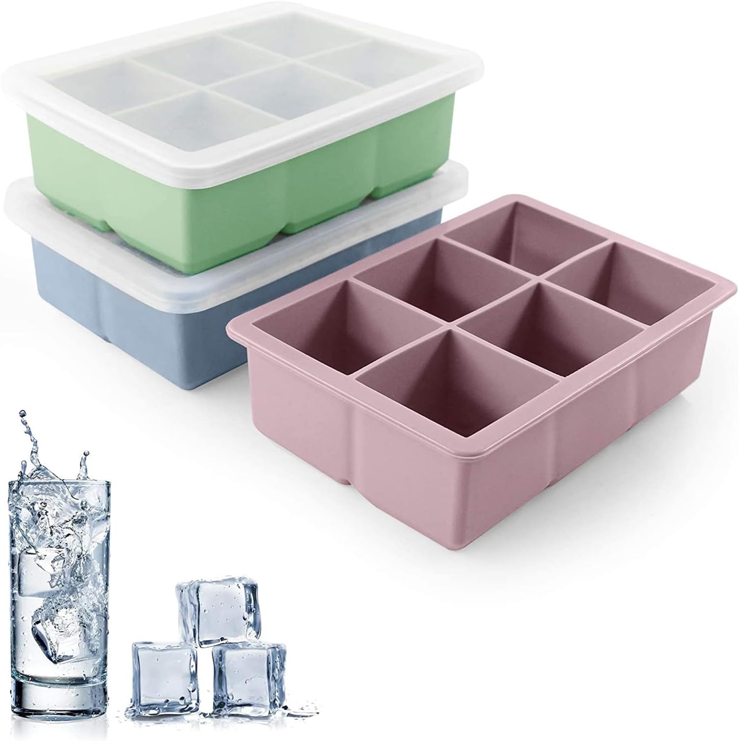 Silicone Ice Cube Trays 3 Pack,Large Size Silicone Ice Cube Molds with Leak Proof Removable Lid Square Ice Cube Tray And BPA Free for Cocktail,Whiskey, Stackable Flexible Ice