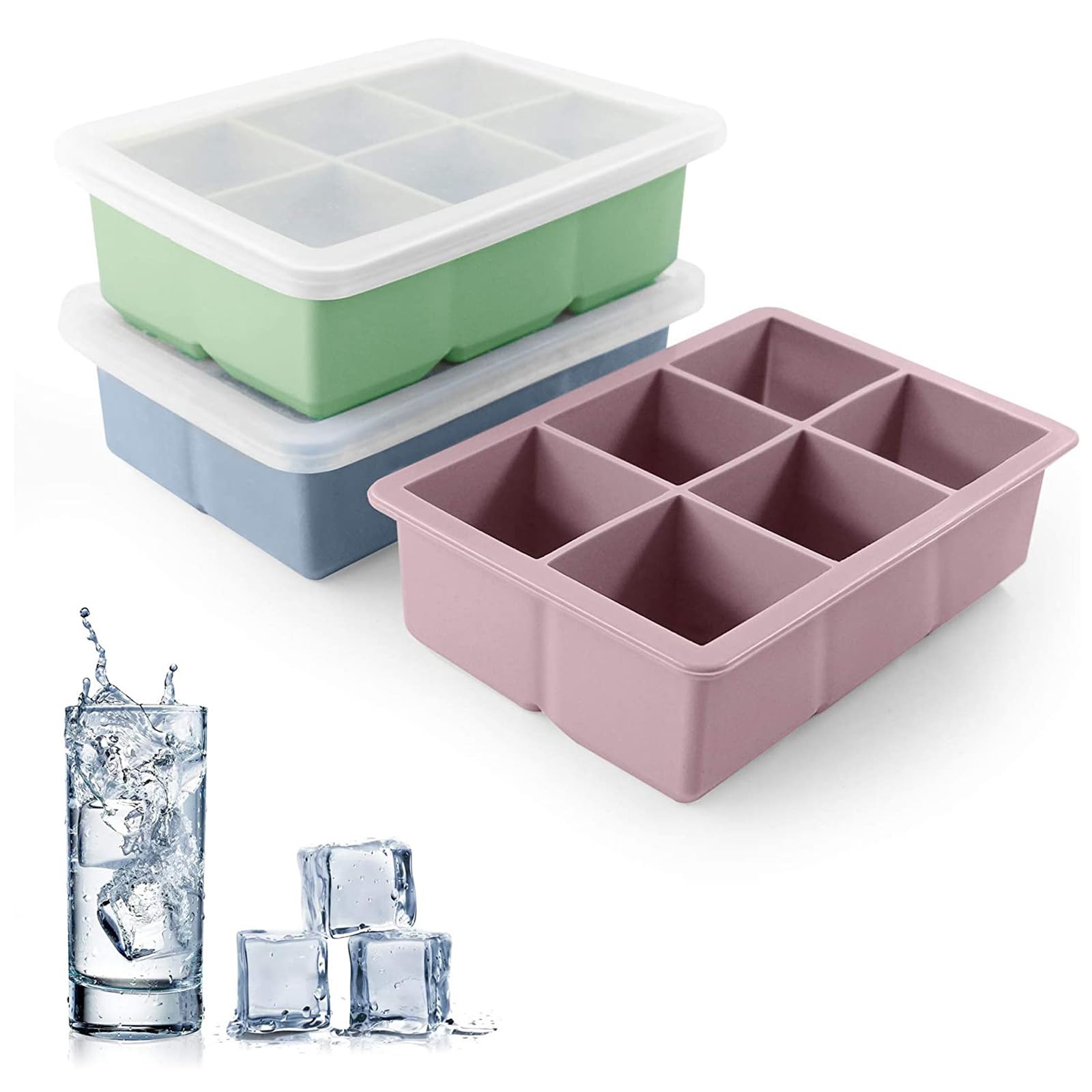 ANTOLE Silicone Ice Cube Trays 3 Pack,Large Size Silicone Ice Cube Molds with Leak Proof Removable Lid Square Ice Cube Tray And BPA Free for Cocktail,Whiskey, Stackable Flexible Ice