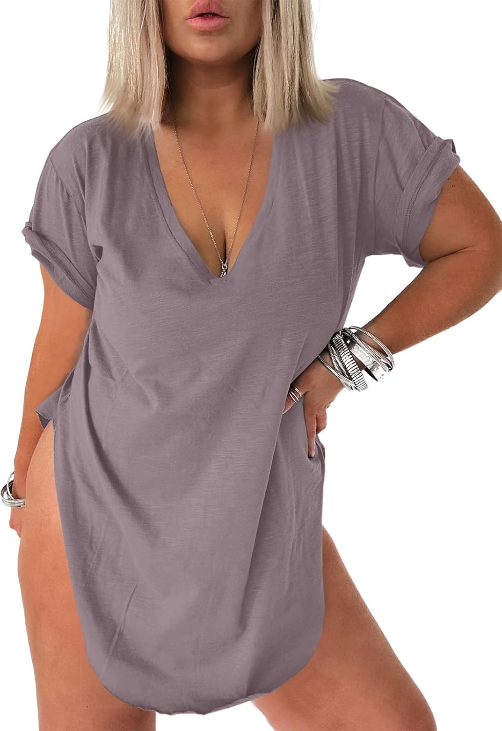 Tankaneo Womens Deep V Neck Short Sleeve T Shirts Summer Oversized Tshirts Casual Loose Fit Tunic Tops - Image 2