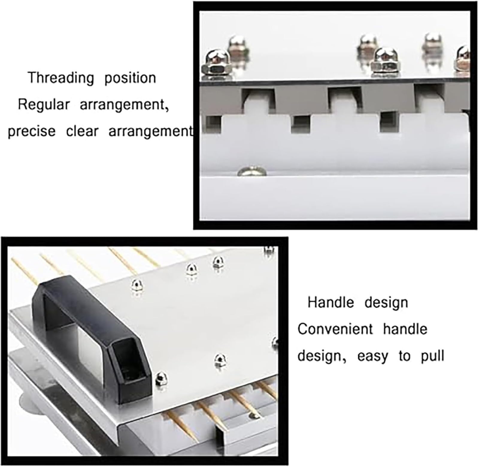 Brocheta manual de acero inoxidable, dispositivo de brochado resistente para carne y frutas, compatible con brochetas de bambú/hierro de hasta 35 cm