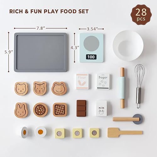 Miniatura 3 de PairPear Juego de galletas de juguete de madera y horneado, juego de 28 piezas para niños, juego de cocina, accesorios de cocina, regalo para niños