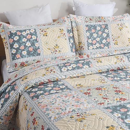 Hadi London 3Pcs Patchwork Quilted Bedspreads with 2 Shams | Reversible Floral Print | Lightweight Quilt Comfort | Fits Double and King Size Beds 220x240cm | 30 Unique Designs (MILAN-104) - Image 5