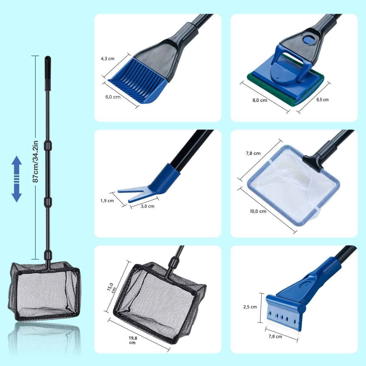 Kit de nettoyage d'aquarium 6 en 1 avec filet à poissons, épuisette, râteau à gravier, pince à plantes, raclette, éponge et connecteur