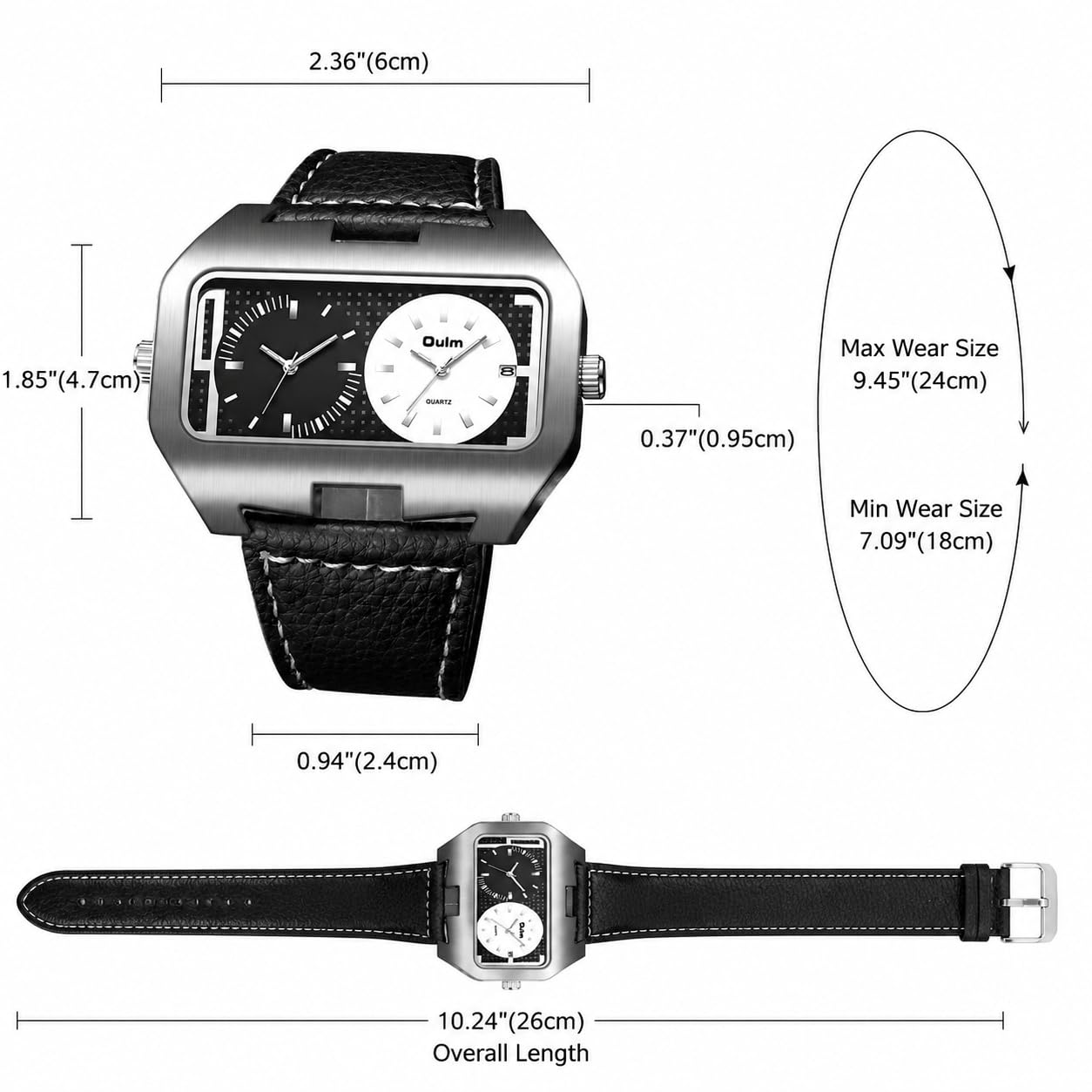 OIDEA Reloj de cuarzo con fecha de doble hora, esfera cuadrada grande