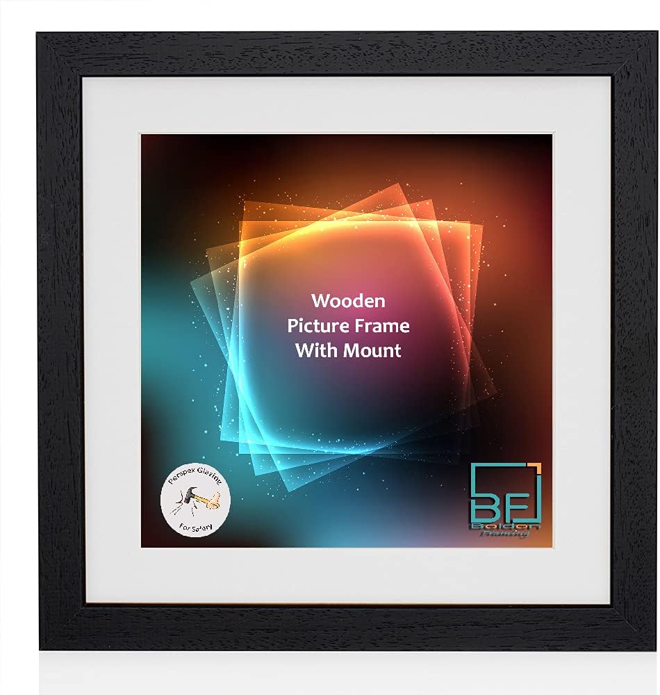 Boldon Framing - Matt Black, Square Thin Photo Frame in Solid Wood with White Wall Mount, 8x8- Pic Size 6x6 Picture Display