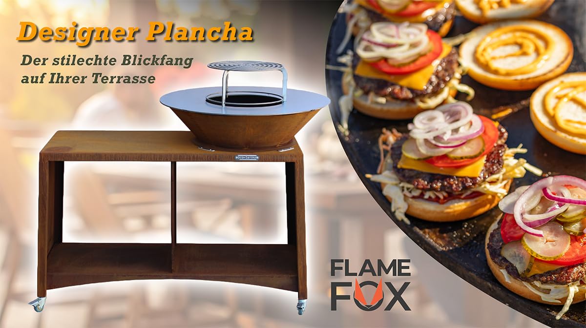 Grill premium ze stołem ze stali kortenowskiej w zestawie z planchami ze stali nierdzewnej 100 cm I wysokiej jakości grill Plancha zapewnia doskonałe rezultaty grillowania, trwały piec