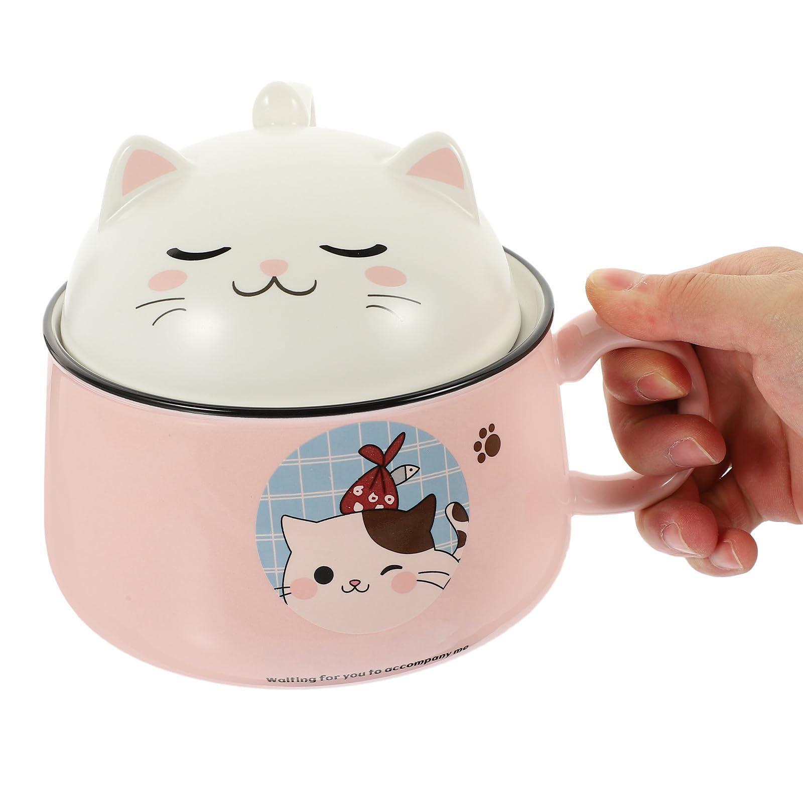 Katzenmotiv Ramen Schüssel mit Deckel, 1020ml, 1 Satz, Keramik | Edelstahl Element, Rosa Ausführung, Leicht zu Reinigen, Vielseitig Nutzbar, für Einzugsgeschenke