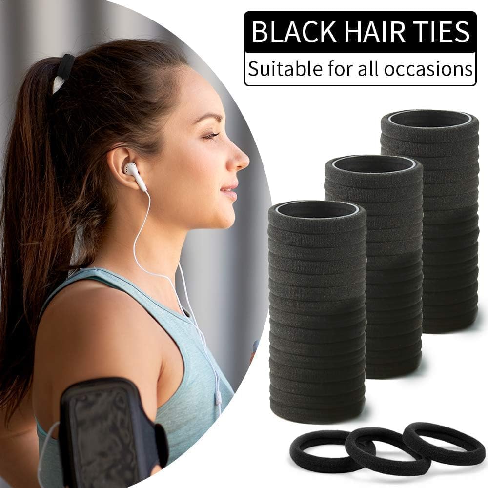 100 bandas elásticas negras para el pelo, de algodón sin costuras, banda de pelo negro grueso, lazos para el cabello elásticos, sin daños y soporte para cola de caballo