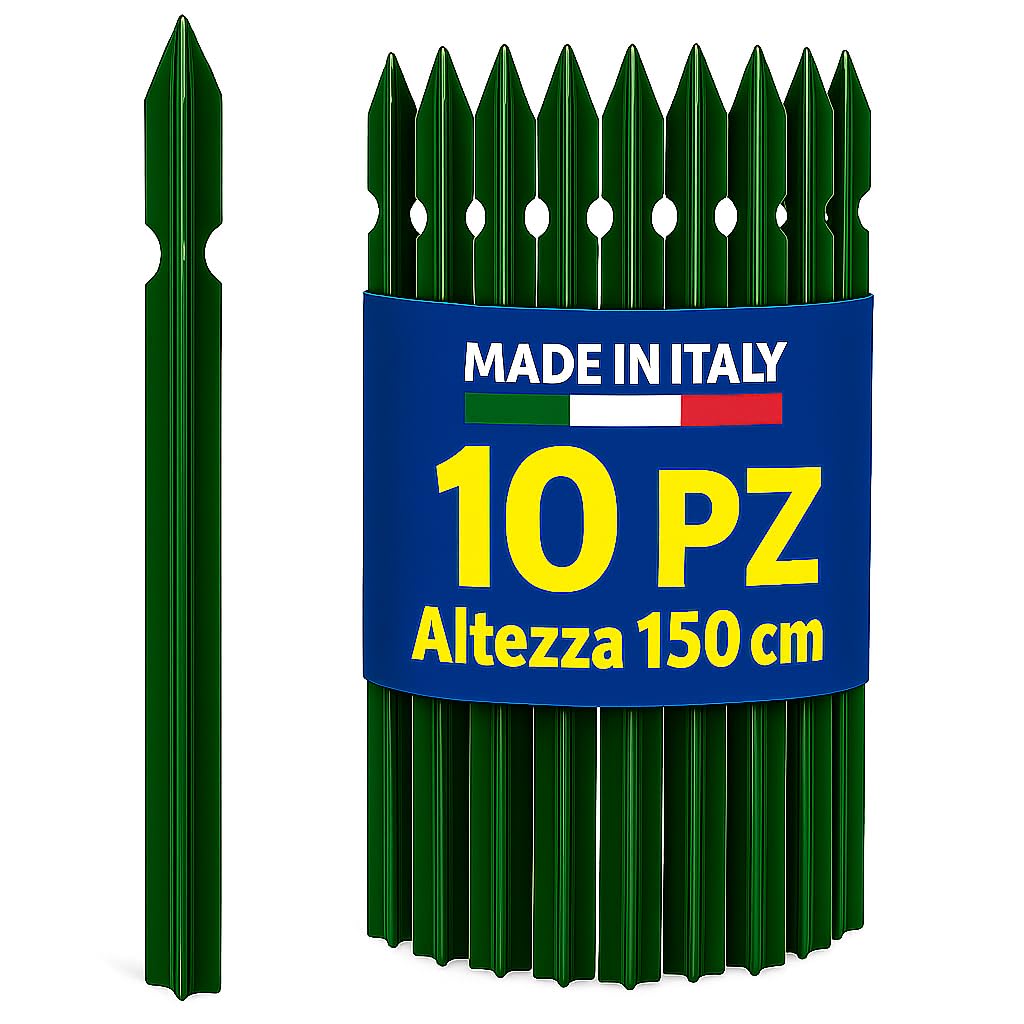 10 PZ Palo Paletto a T 30x30 mm in FERRO PLASTIFICATO VERDE per Rete Recinzione Metallica – Altezza a scelta tra: 125cm / 150cm / 175cm – Robusto, Anticorrosione – MADE IN ITALY (150 cm)