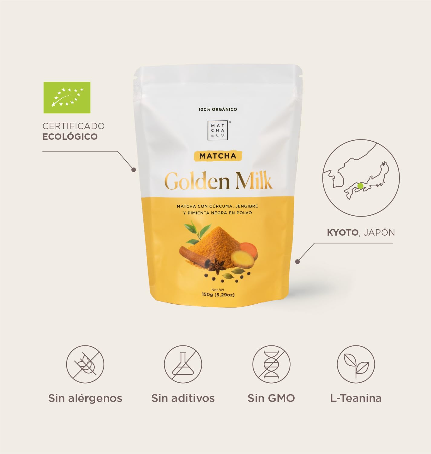 Matcha & CO - Golden Milk Bio au Thé Matcha (150g) – Préparation Curcuma avec Lait de Coco, Poivre Noir et Cannelle – Boisson Antioxydante et Anti-inflammatoire – Sans Sucre Ajouté, Vegan, Sans Gluten