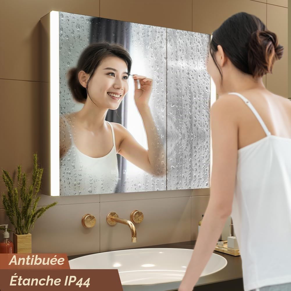 KWW LED éclairage Salle de Bains Armoire à Pharmacie avec Miroir, Température de Couleur réGlable, Anti - Buée Gradateur, Prise et USB, Armoire à Pharmacie Miroir Mural (2 portes-80×70)