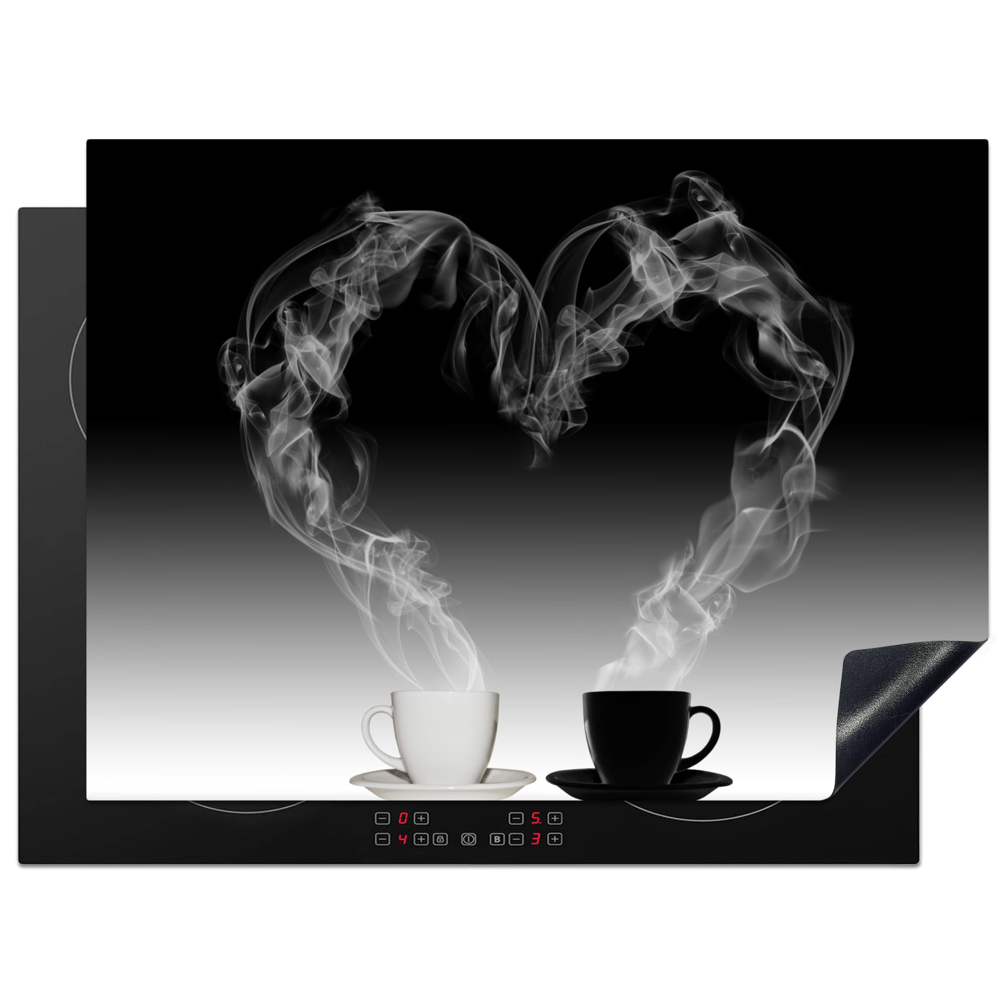 KitchenYeah© Herdabdeckplatte Einteilig Ceranfeld Abdeckplatte Küche Deko Ceranfeldabdeckung Herdabdeckung Induktionsmatte Kaffee - Herz - Schwarz-Weiß - Stilleben - 71x52 cm