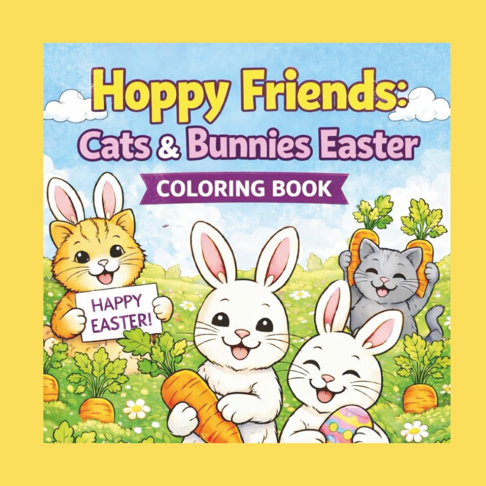 Hoppy Friends Cat & Bunnies Easter Coloring Book: A fun and easy coloring book for kids with adorable kitten and rabbit designs