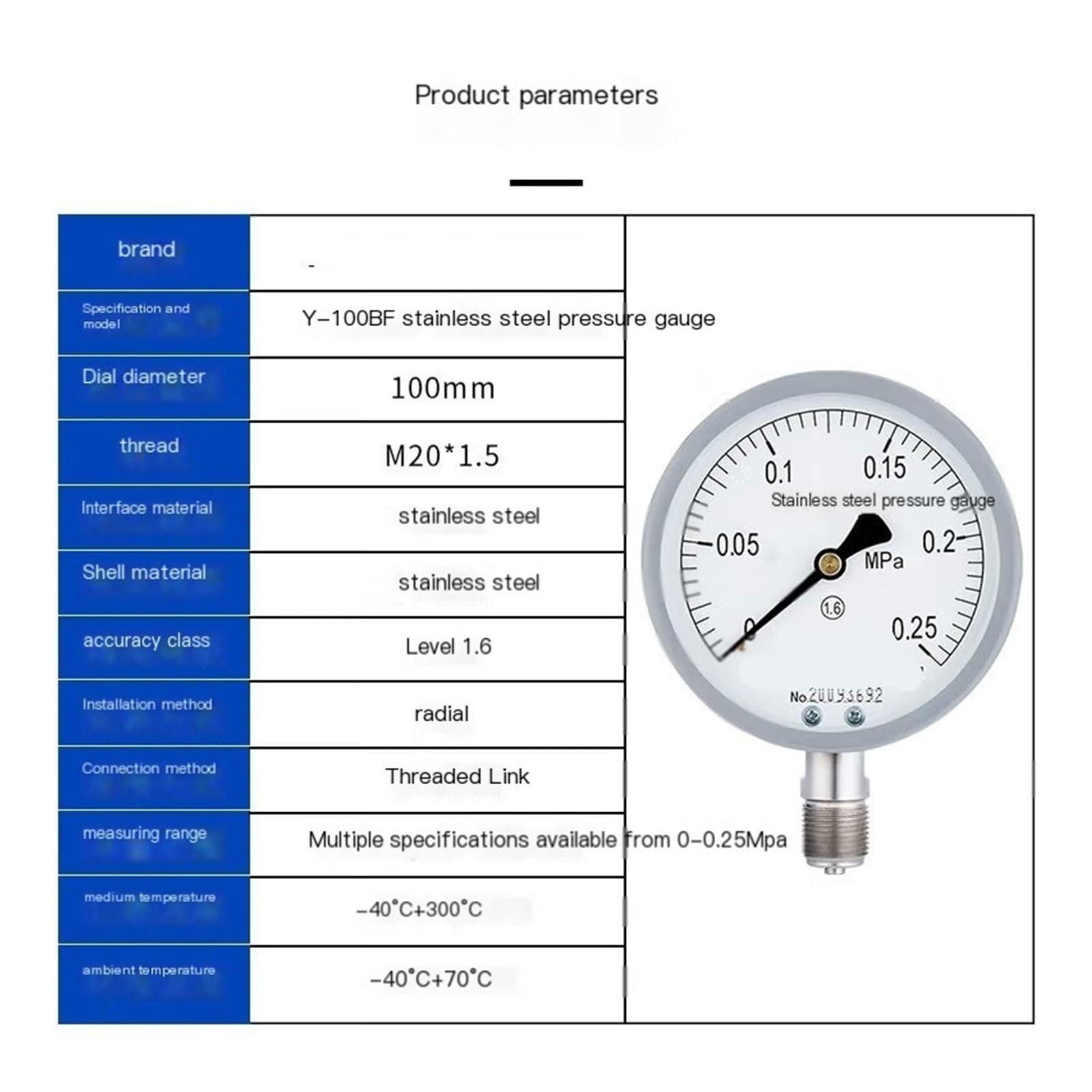 Manómetro de acero inoxidable Y-100BF, manómetro presión agua, aire, aceite hidráulico, vacío y 0 a,25 MPa(0-40MPa)