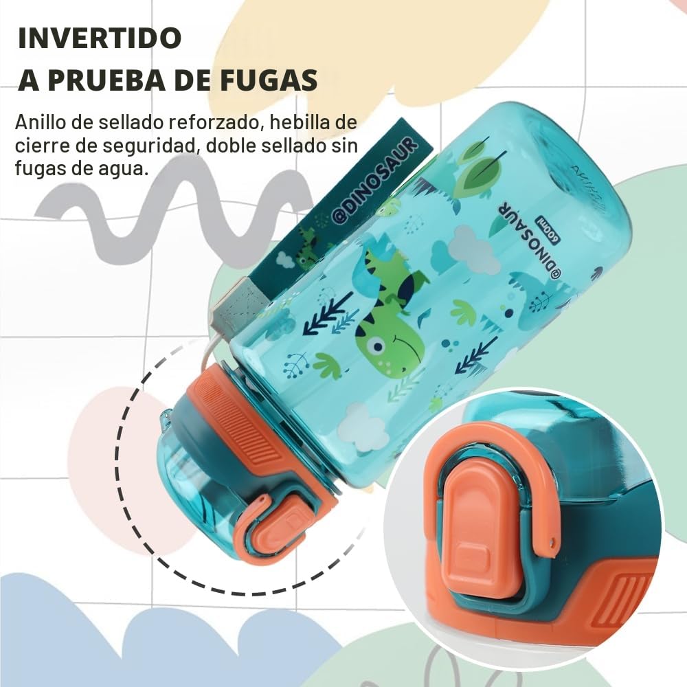 Botella Agua Niños, 600 ML, Robusta, a Prueba de Fugas, Sin BPA, con Apertura de un Solo Toque, Fácil de Limpiar, con Pajita, Ideal para La Colegio y el Exterior (Dinosaurio)