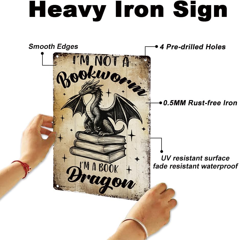 Book Dragon Classroom Library Wall Decor Sign, I'm Not a Bookworm I'm a Book Dragon Funny Wall Art, Reading Inspirational Vintage Metal Tin Poster for Reading Corner Wall Decor Gift 8 x 12 Inch - Image 3