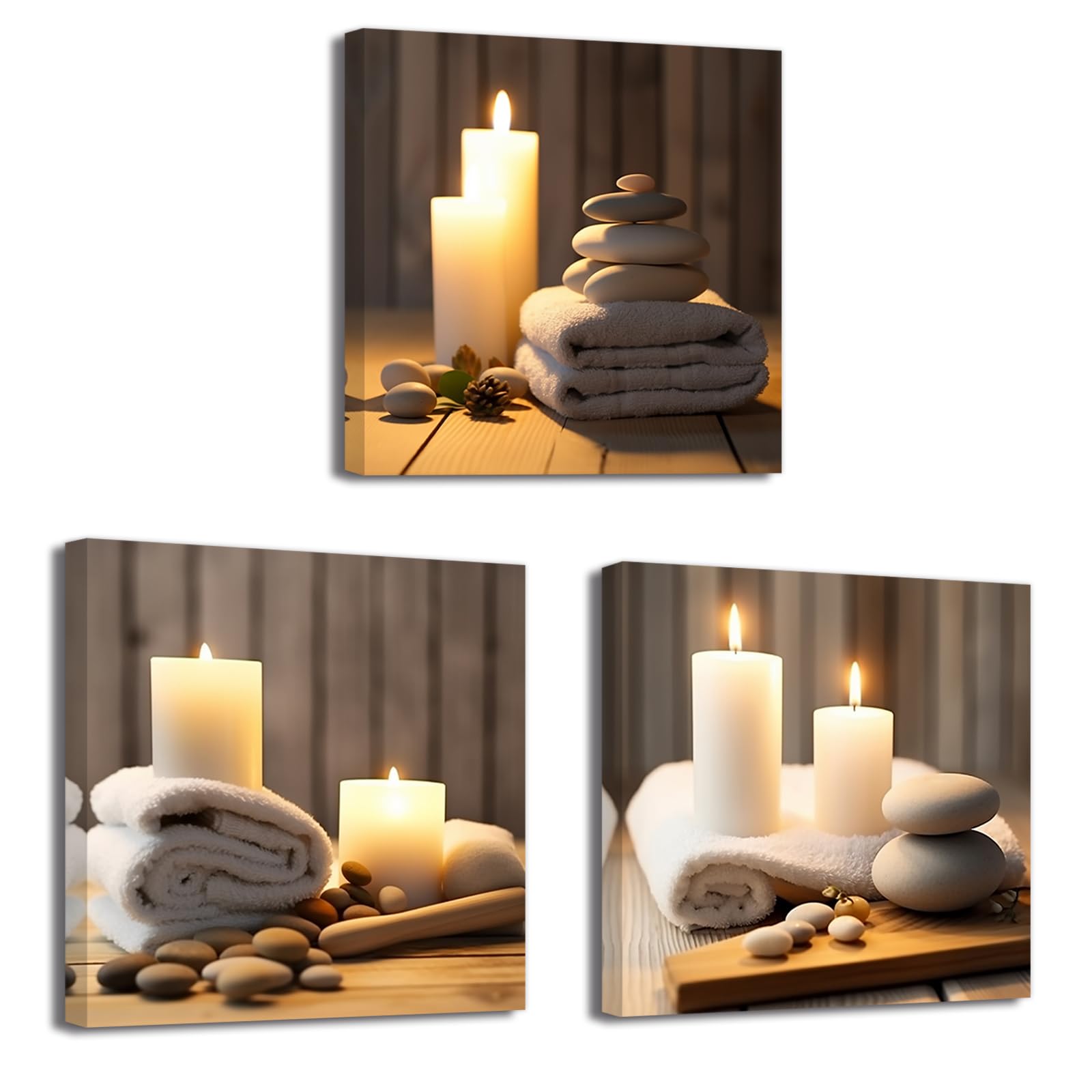 LZIMU Zen Canvas Wall Art 3 Panels Stone Candle and Bath Towel Picture Prints for SPA Meditation Room Bathroom Decor Framed (Zen-1  12"x12"x3P)