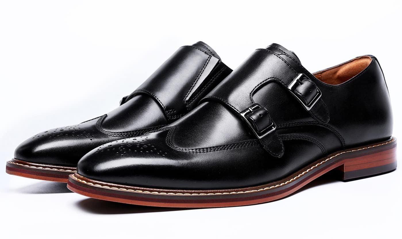 Zapatos de Doble Monje para Hombre, de Cuero, con Correa de Hebilla clásica, sin Cordones, con Punta de ala, Informales, para Boda, Mocasines Black 41 EU