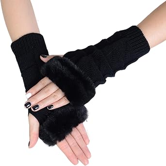 Arm Warmers Faux Fur Knit Fingerless GlovesWinter Arm Warmers with Thumb Hole Wrist Warmers Mittens
