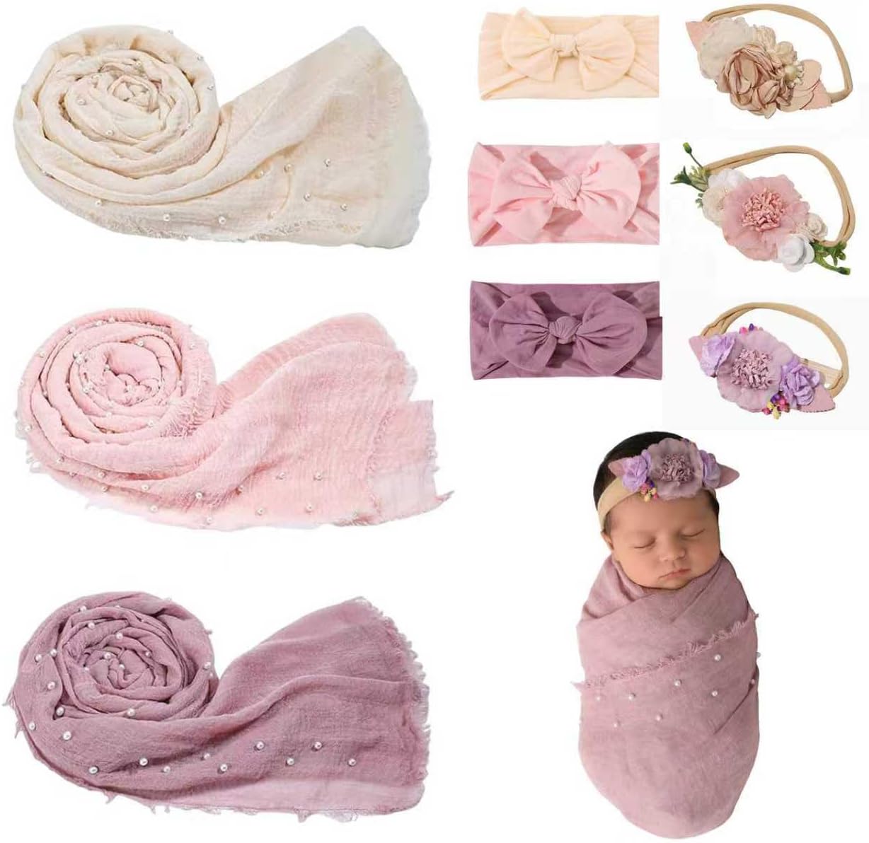 9PCS Newborn Wrap Photography Props Kits, Newborn Swaddle with 3 Colors Baby Handmade Pearl Wrap Blanket for Photoshoot Outfit 6PCS Baby Flower Headband Photo Props for Boy Girl Infant Toddler