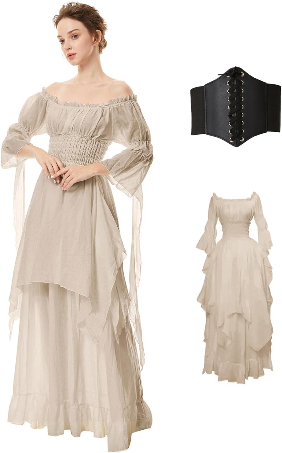 BITSEACOCO Women Medieval Victorian Off Shoulder Dress, Irish Chemise Costume Renaissance Faire Fairy Long Dress