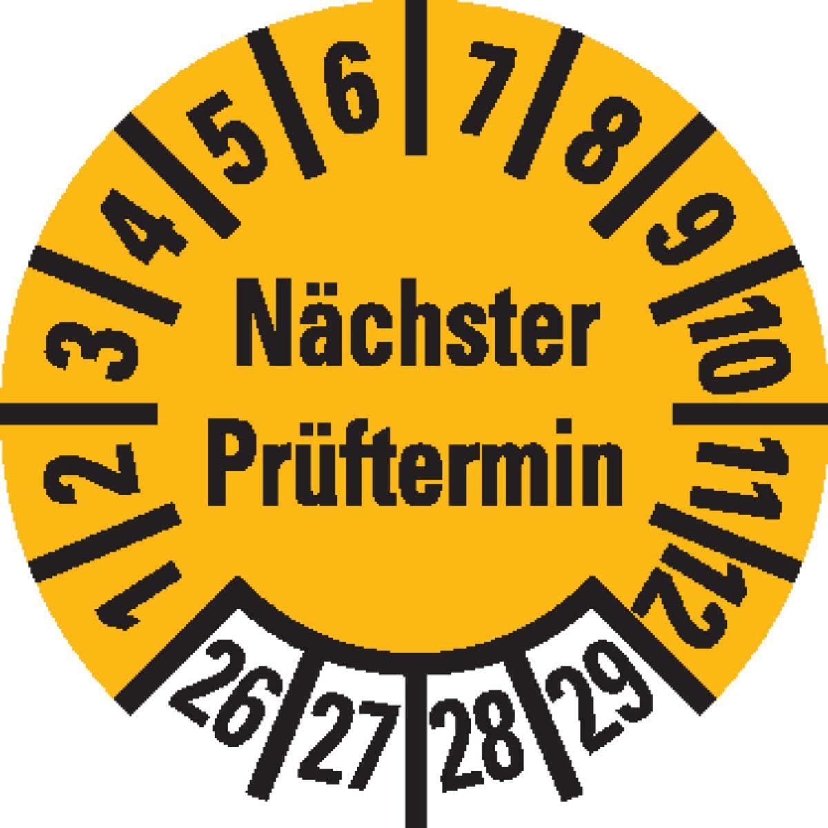 Prüfplakette Nächster Prüftermin 26-29, gelb, Dokumentenfolie, Ø 10mm, 128/Bogen