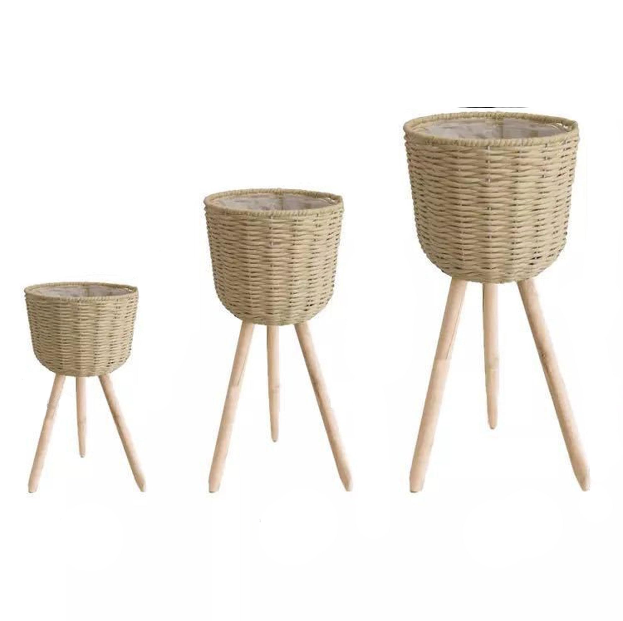 1Pcs Wicker Seagrass Woven Plant Pot On Wooden Standing Legs, Round Floor Rattan Plant Stand Holder, Wicker Plant Basket With Stand For Living Room Balcony Home Decor(Size:Small + Medium + Large)