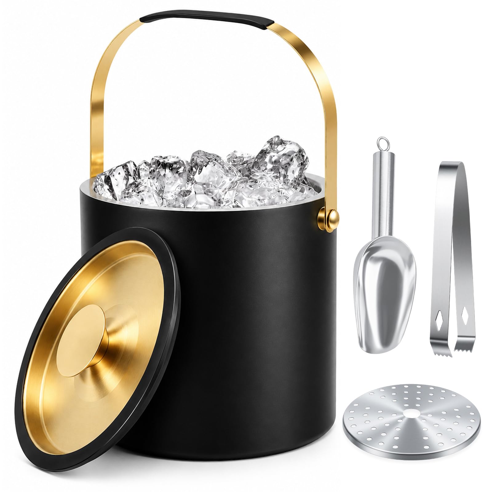 Qingning 3.2L Eiswürfelbehälter, Eiskübel mit Deckel, Zange, Schaufel & Sieb | Eiswürfelbehälter Edelstahl, Doppelwandiger Edelstahl-Eiskübel für Bier und Wein, für Partys, Picknicks, Clubs